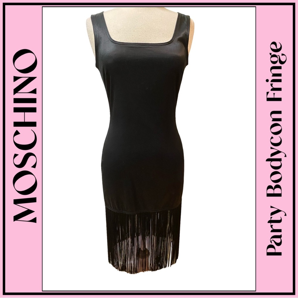 MOSCHINO Jeans Black Bodycon Lycra Dress w/ 11” Fringe Sz 12 ( fits Sz 8) NEW